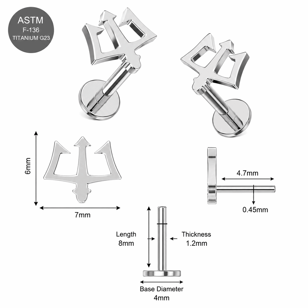 G23 Titanium Trident Symbol Threadless Labret Stud – 16G (1.2mm)