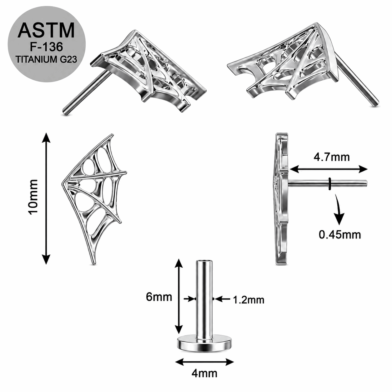 G23 Titanium Spiderweb Wing Threadless Labret Stud – 16G (1.2mm)