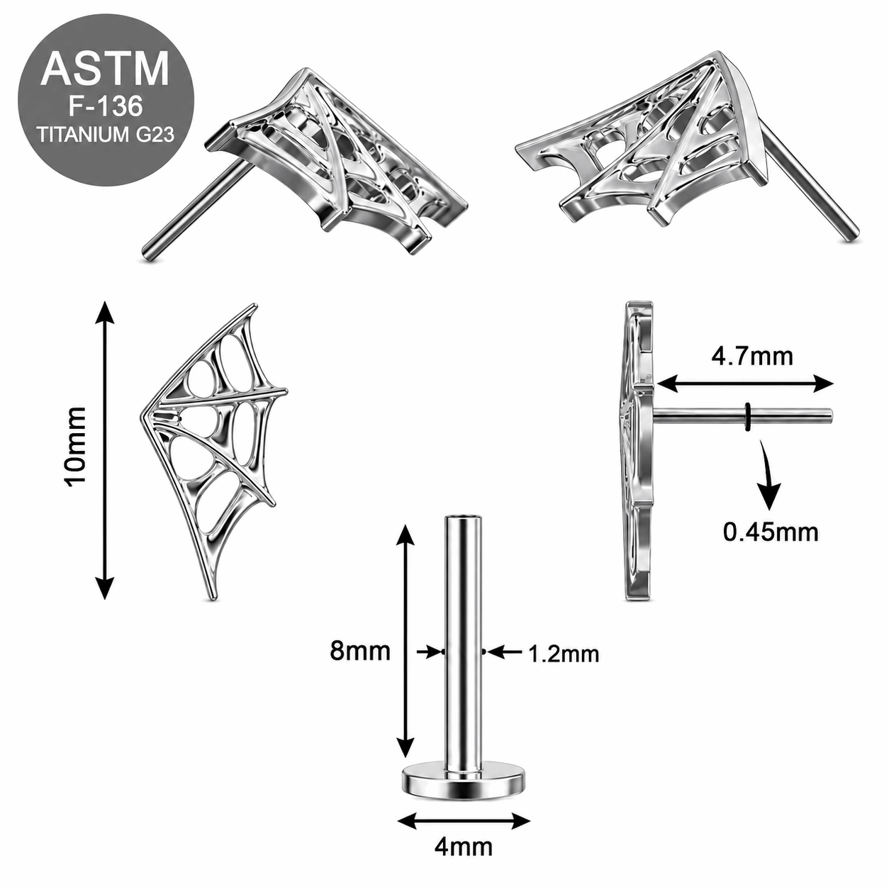 G23 Titanium Spiderweb Wing Threadless Labret Stud – 16G (1.2mm)