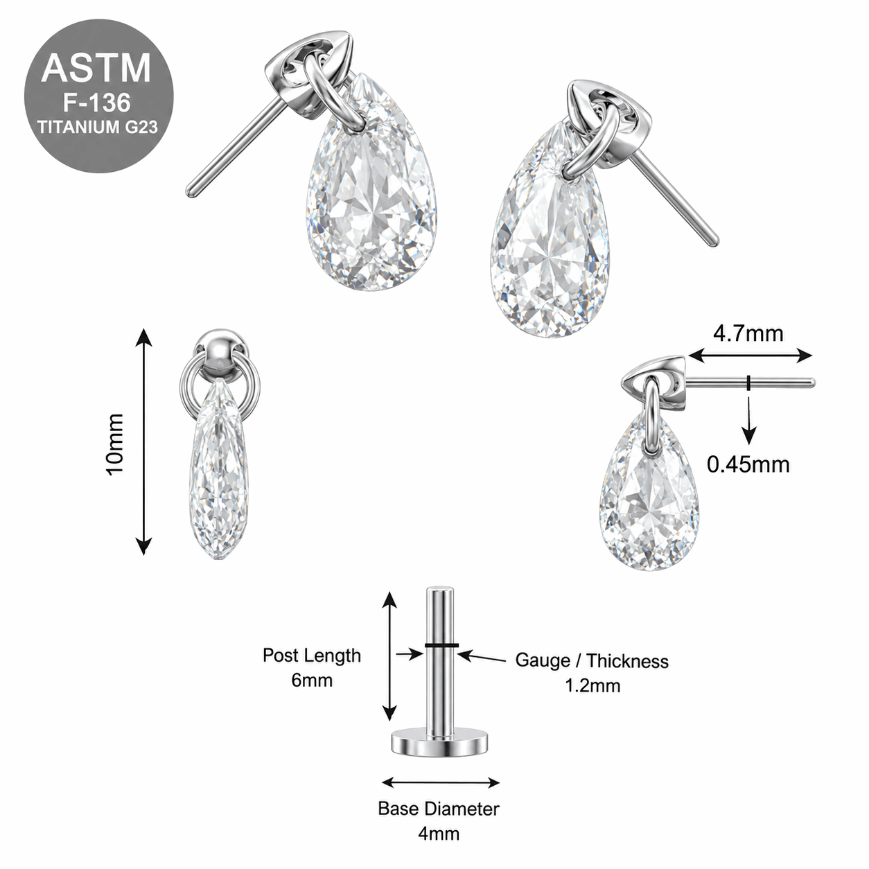 G23 Titanium Dangling Pear Cut CZ Threadless Labret Stud – 16G (1.2mm)