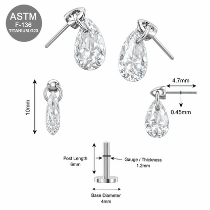G23 Titanium Dangling Pear Cut CZ Threadless Labret Stud – 16G (1.2mm)