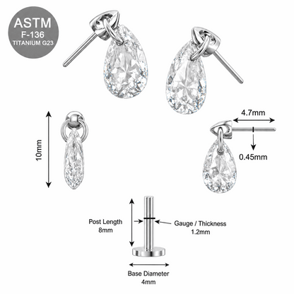 G23 Titanium Dangling Pear Cut CZ Threadless Labret Stud – 16G (1.2mm)