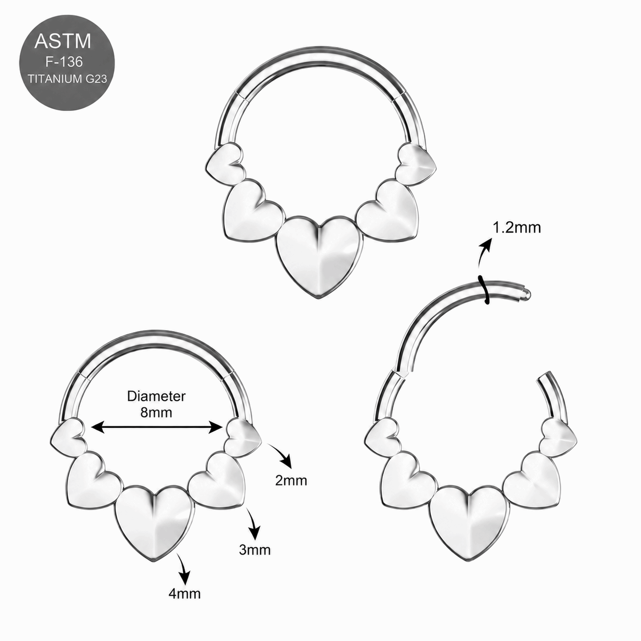 G23 Titanium Polyhedra Hearts Hinged Segment Clicker Ring – 16G (1.2mm) 8mm
