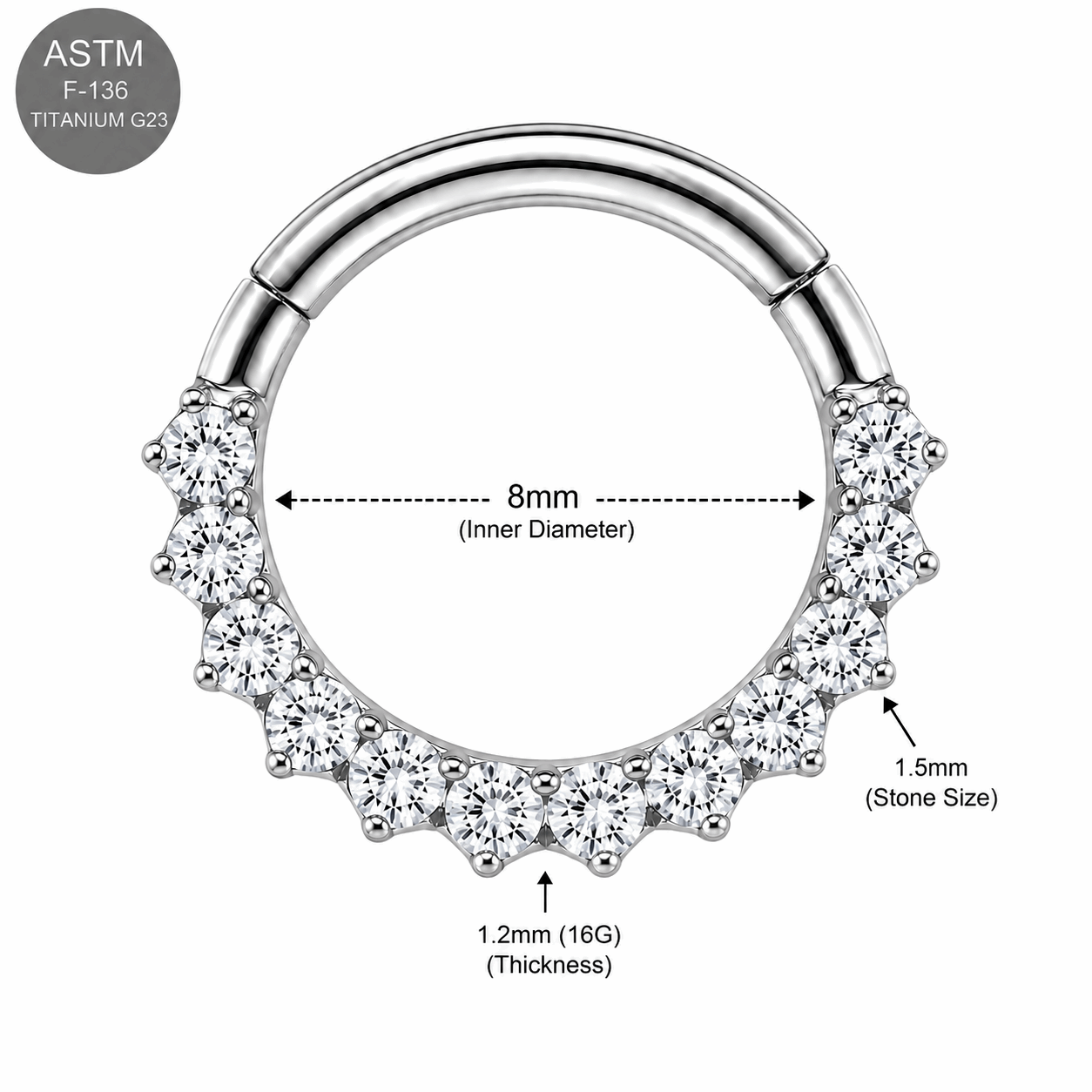 G23 Titanium Front-Facing CZ Hinged Clicker Ring – 16G (1.2mm) 8mm