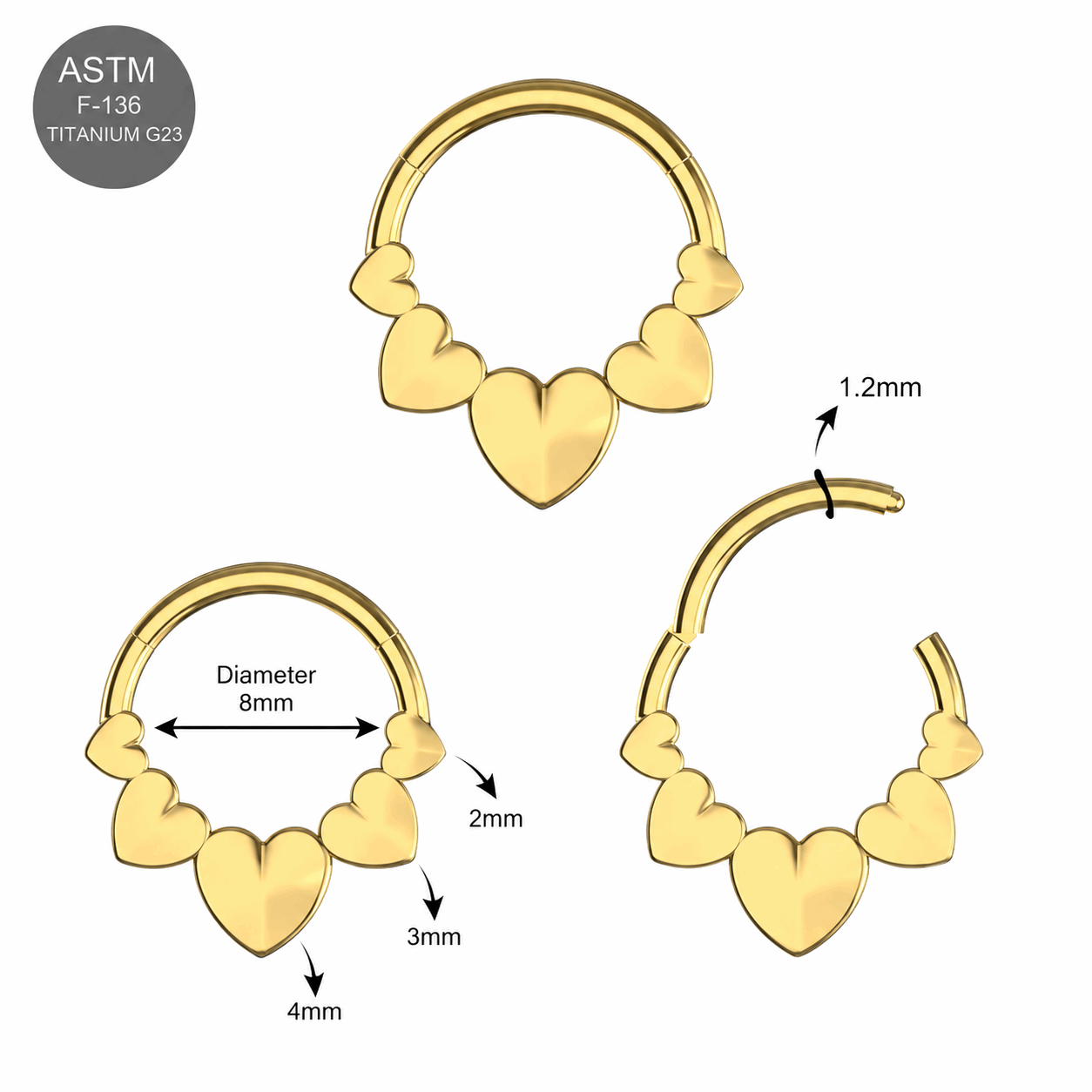 G23 Titanium Polyhedra Hearts Hinged Segment Clicker Ring – 16G (1.2mm) 8mm