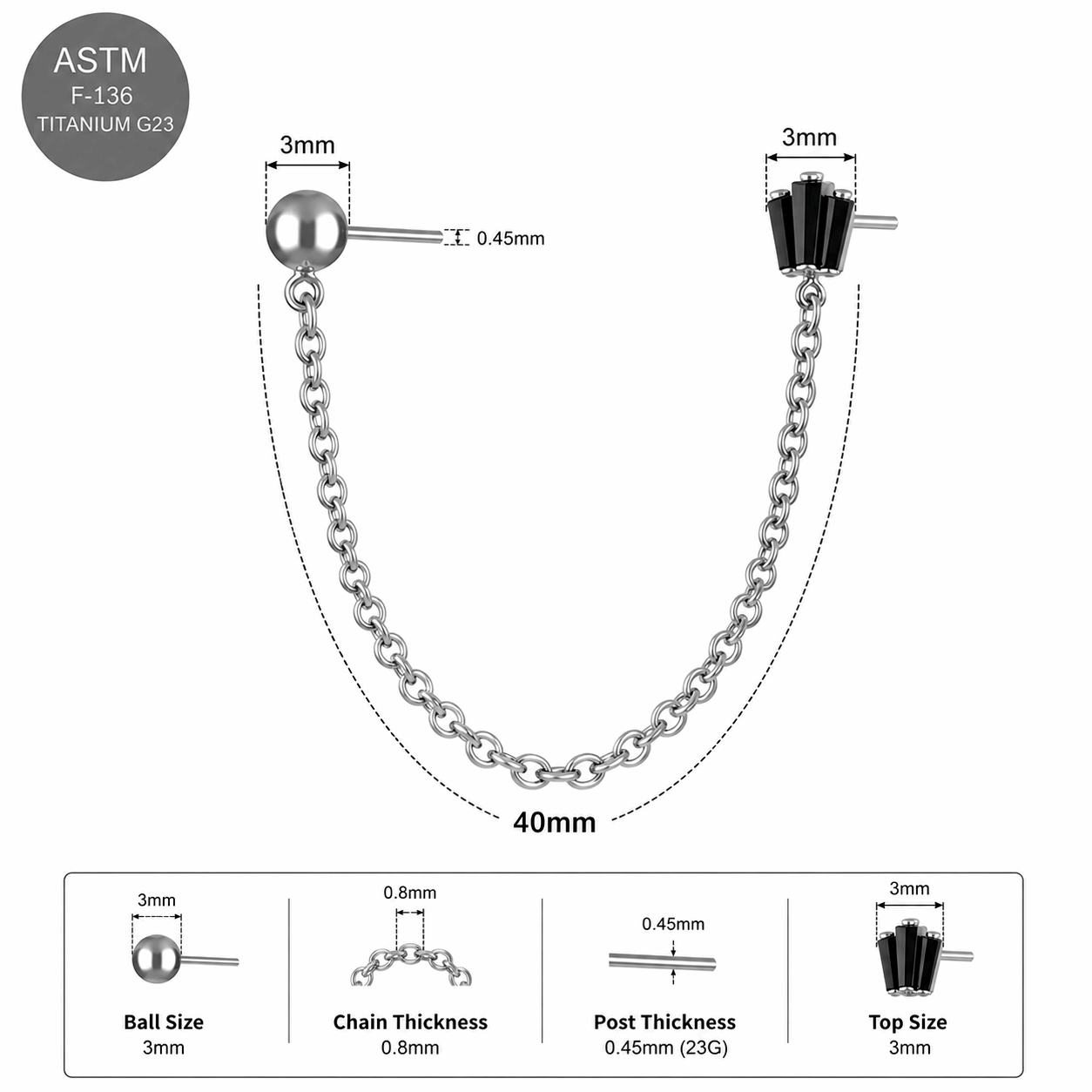 G23 Titanium Two Hole Piercing Chain Threadless Pin Top – 18G & 16G Compatible