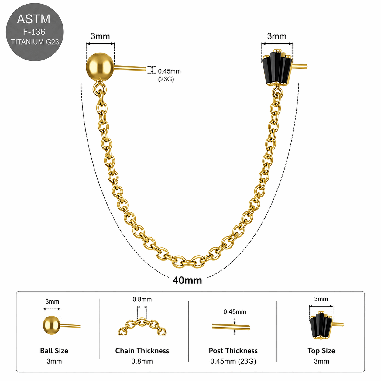 G23 Titanium Two Hole Piercing Chain Threadless Pin Top – 18G & 16G Compatible
