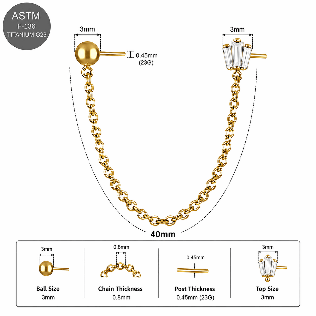 G23 Titanium Two Hole Piercing Chain Threadless Pin Top – 18G & 16G Compatible