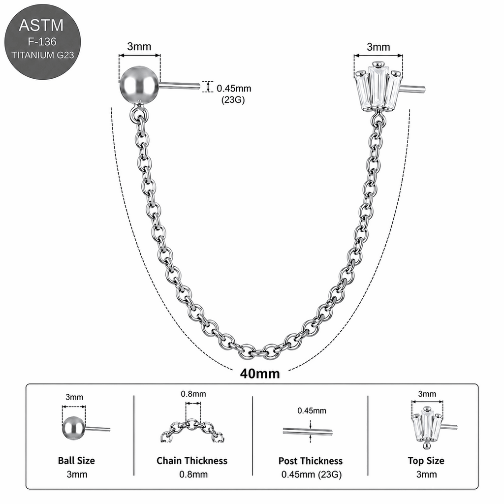 G23 Titanium Two Hole Piercing Chain Threadless Pin Top – 18G & 16G Compatible
