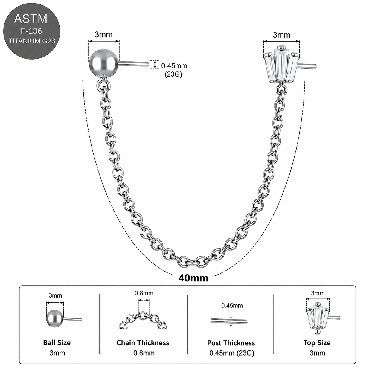 G23 Titanium Two Hole Piercing Chain Threadless Pin Top – 18G & 16G Compatible