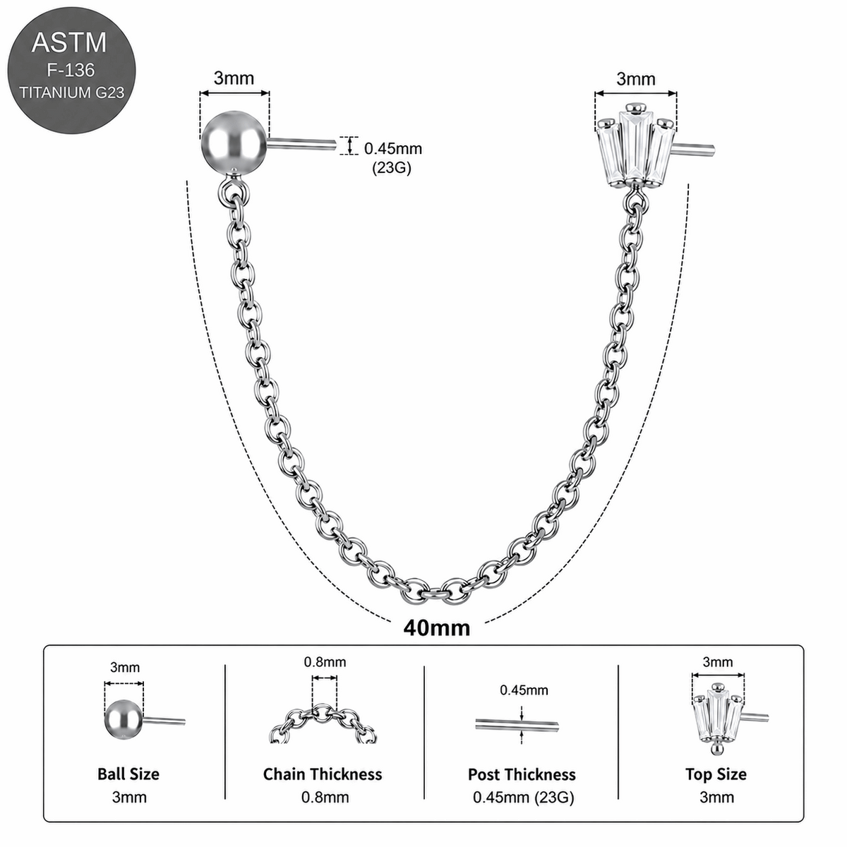 G23 Titanium Two Hole Piercing Chain Threadless Pin Top – 18G & 16G Compatible