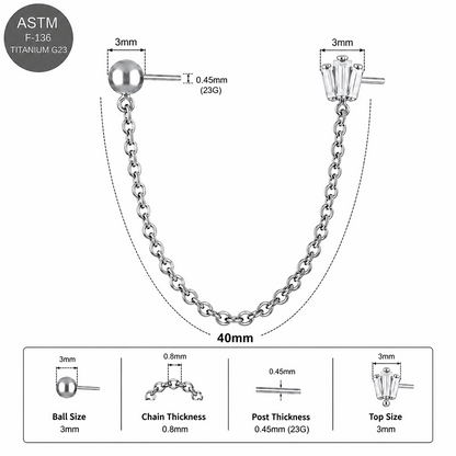 G23 Titanium Two Hole Piercing Chain Threadless Pin Top – 18G & 16G Compatible
