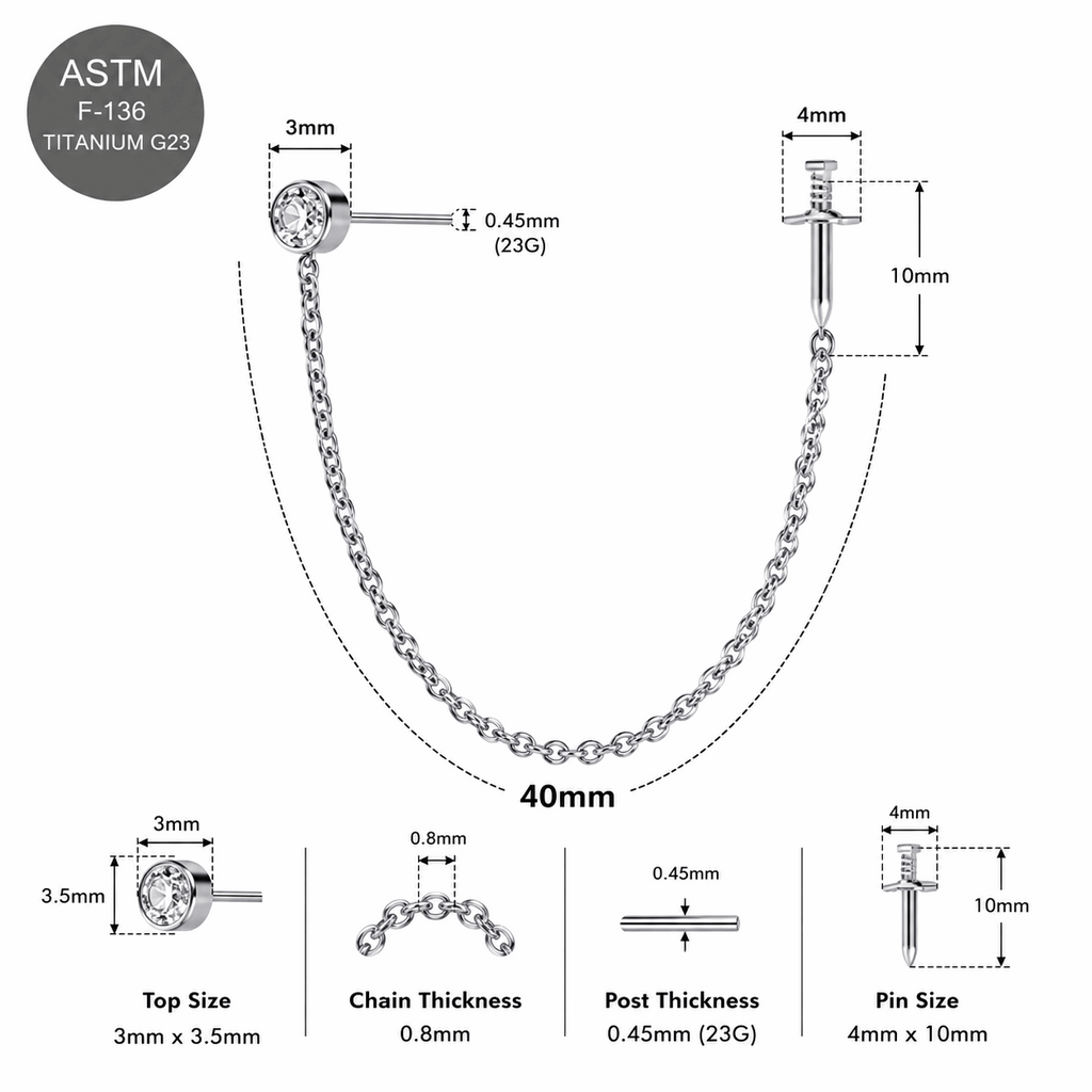 G23 Titanium Two Hole Round Dagger Piercing Chain Threadless Pin Top – 18G & 16G Compatible
