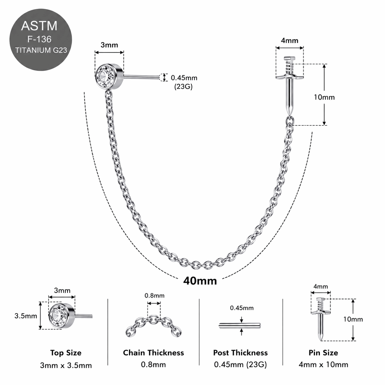 G23 Titanium Two Hole Round Dagger Piercing Chain Threadless Pin Top – 18G & 16G Compatible