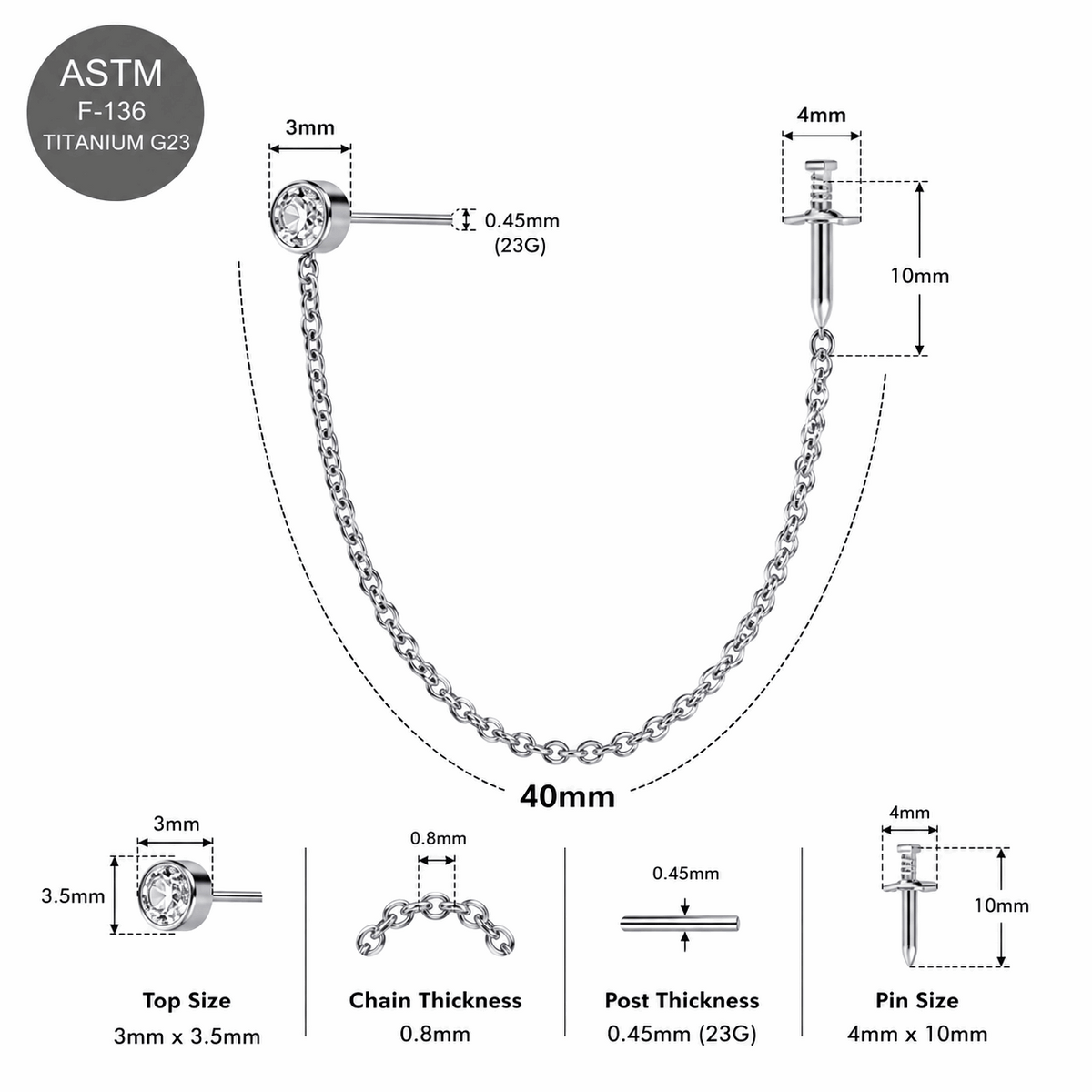 G23 Titanium Two Hole Round Dagger Piercing Chain Threadless Pin Top – 18G & 16G Compatible