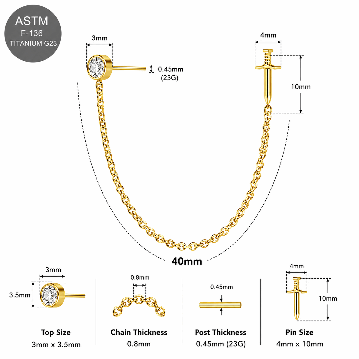 G23 Titanium Two Hole Round Dagger Piercing Chain Threadless Pin Top – 18G & 16G Compatible