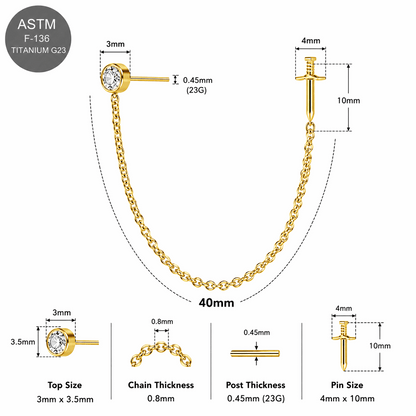 G23 Titanium Two Hole Round Dagger Piercing Chain Threadless Pin Top – 18G & 16G Compatible