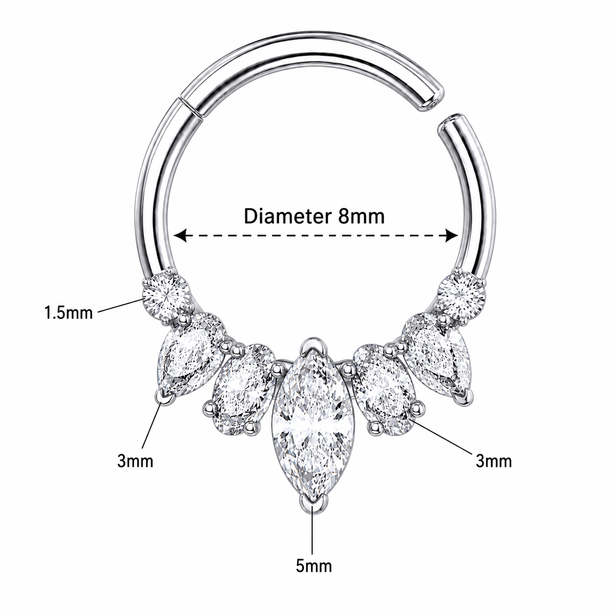 316L Surgical Steel Mixed Stone Hinged Segment Clicker Ring – 16G (1.2mm) 8mm