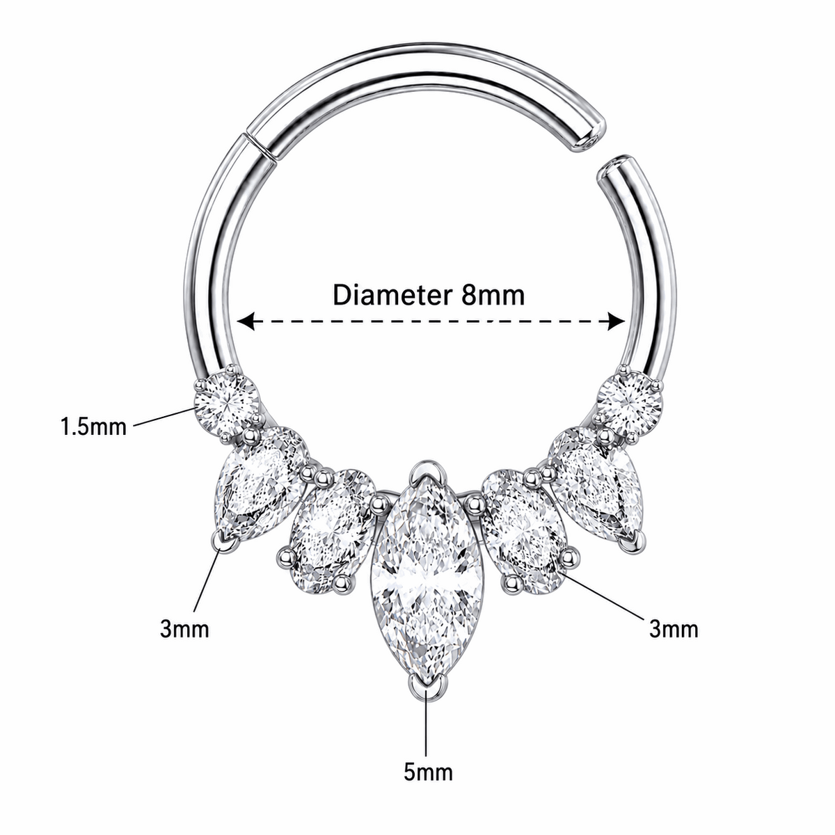 316L Surgical Steel Mixed Stone Hinged Segment Clicker Ring – 16G (1.2mm) 8mm