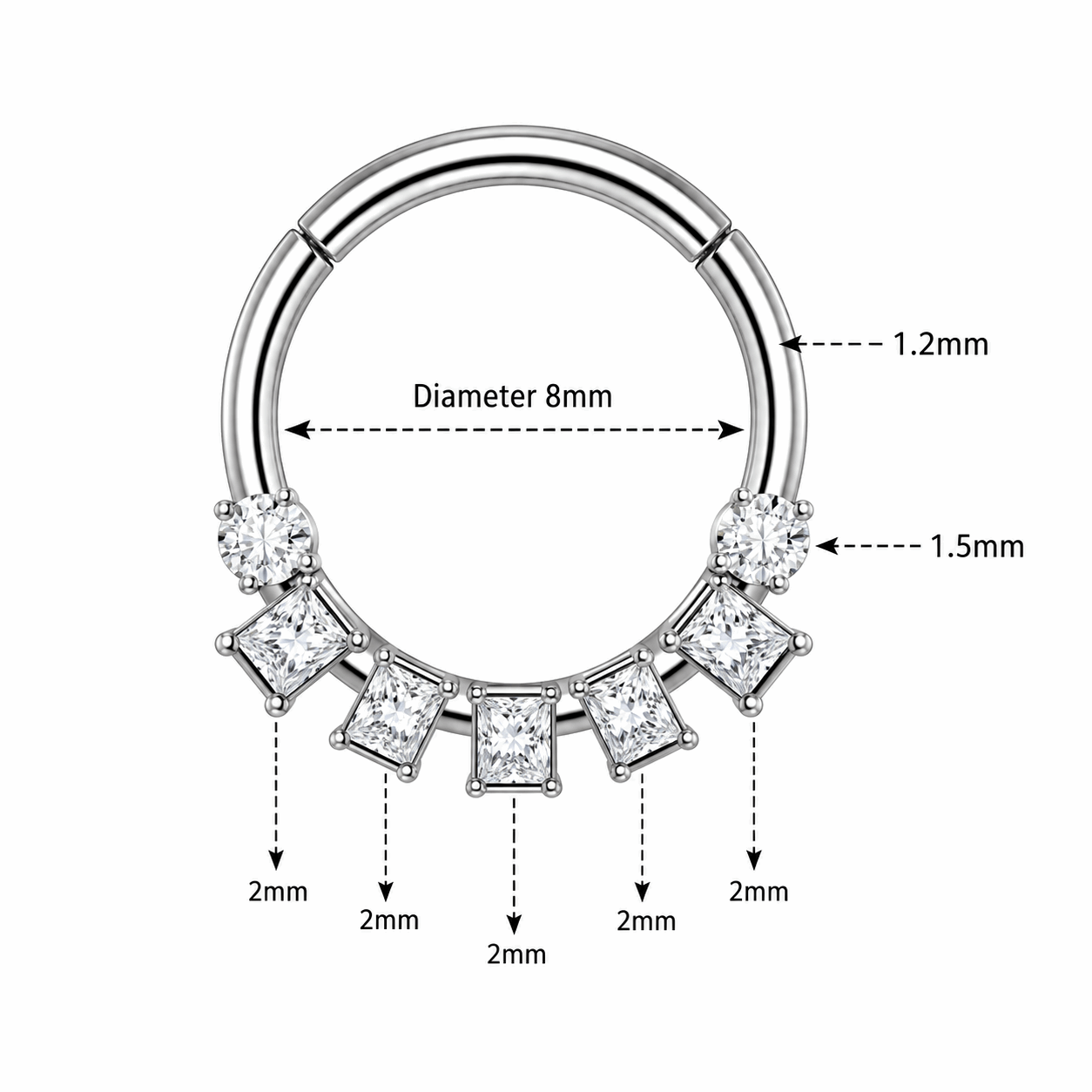 316L Surgical Steel Seven Clear CZ Hinged Segment Clicker Ring – 16G (1.2mm) 8mm