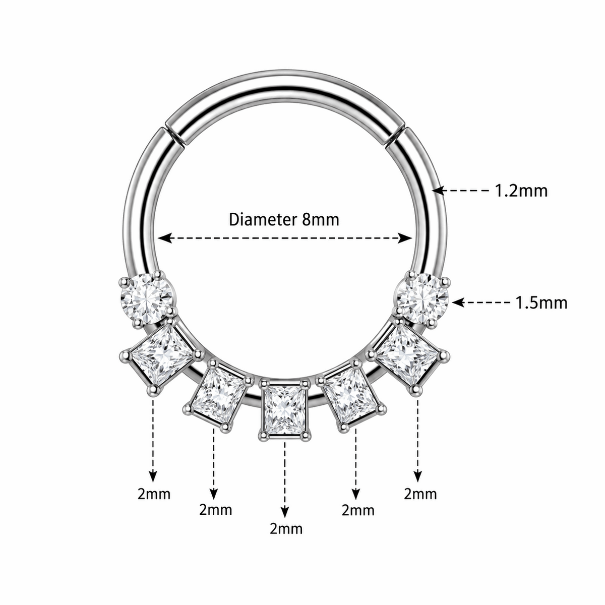 316L Surgical Steel Seven Clear CZ Hinged Segment Clicker Ring – 16G (1.2mm) 8mm