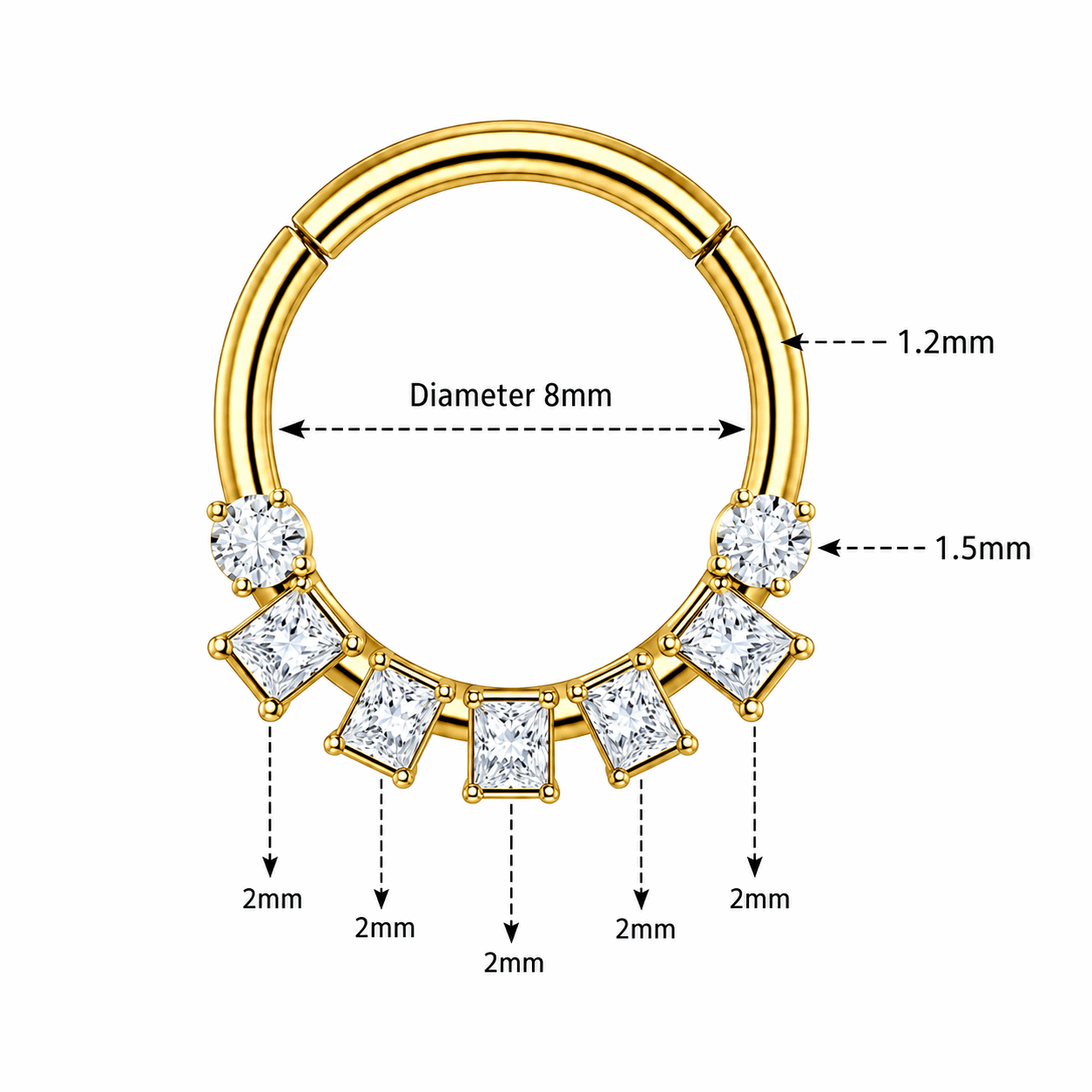 316L Surgical Steel Seven Clear CZ Hinged Segment Clicker Ring – 16G (1.2mm) 8mm