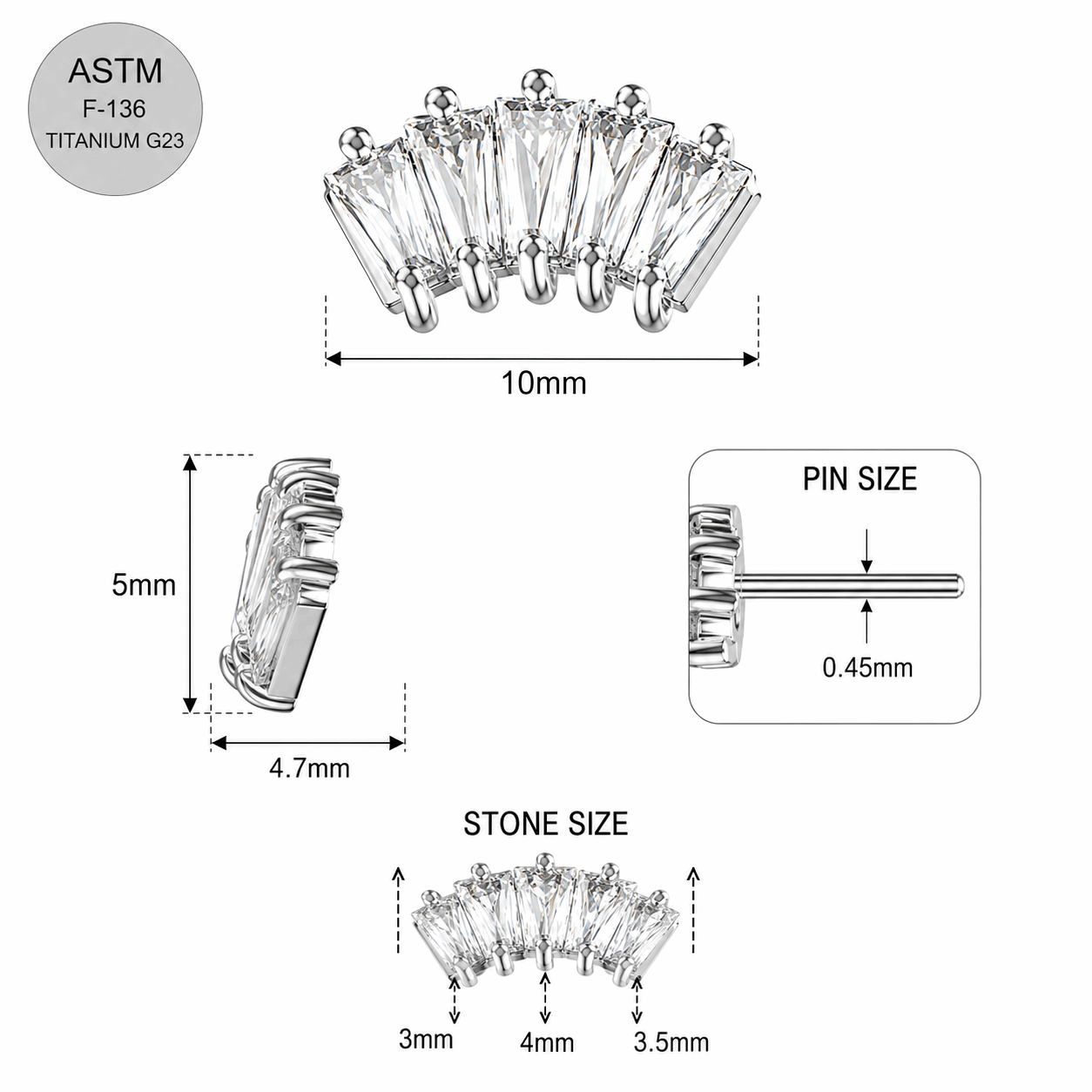 G23 Titanium Crown CZ Threadless Pin Top – 18G & 16G Compatible