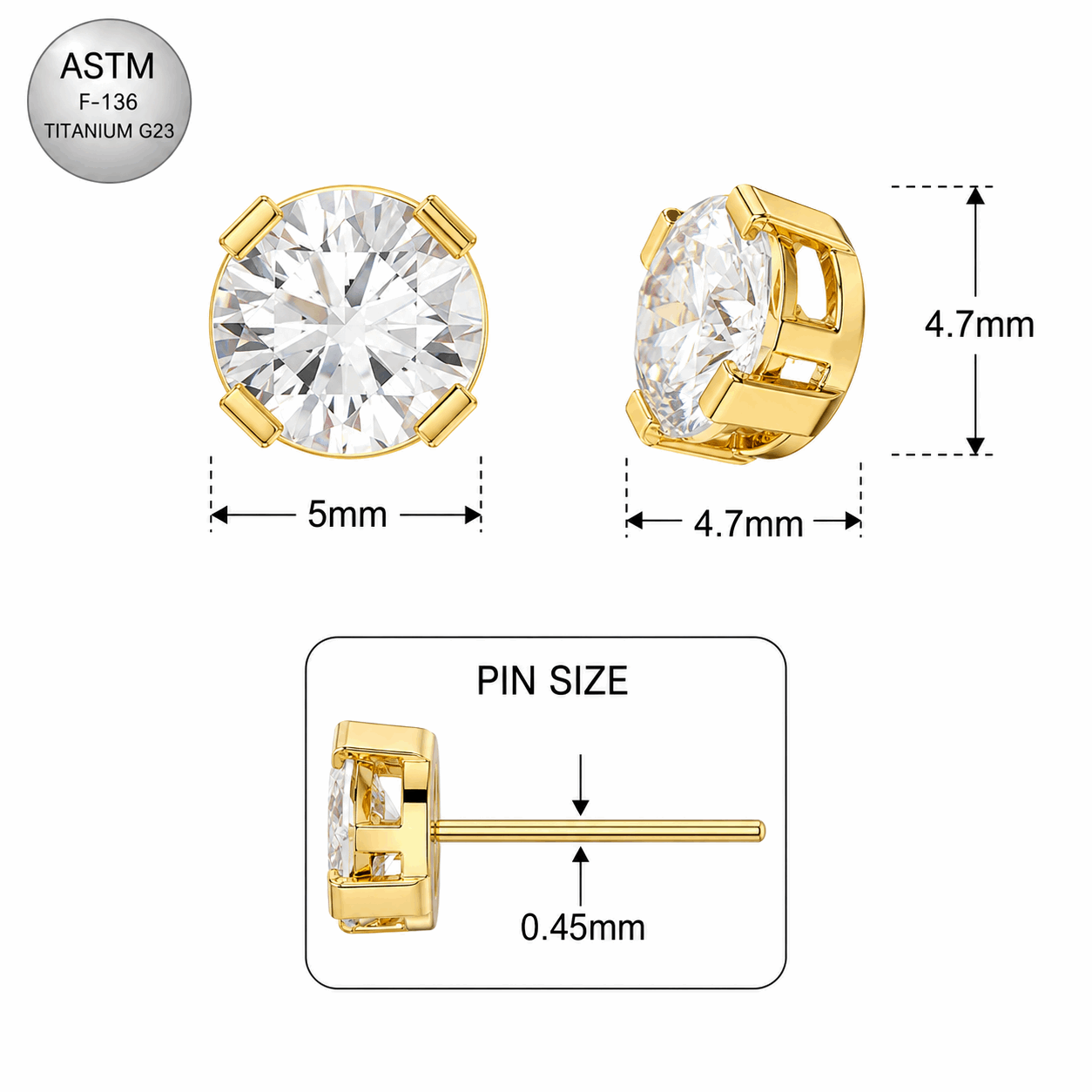 G23 Titanium Clear Round CZ Threadless Pin Top – 18G & 16G Compatible
