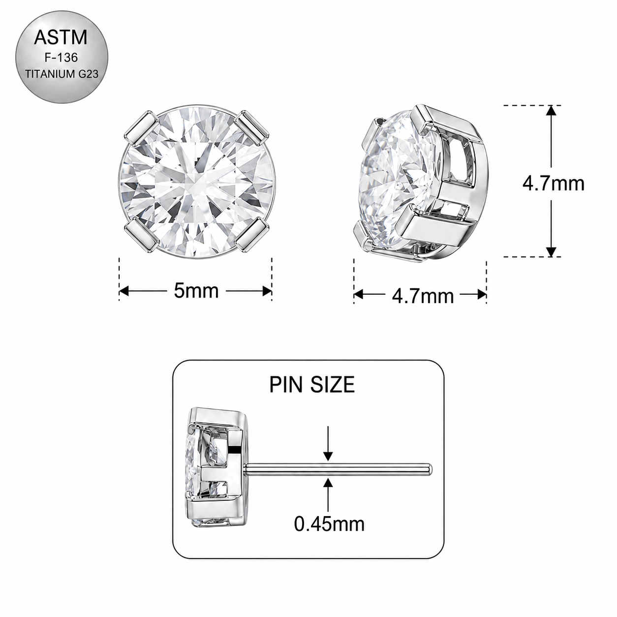 G23 Titanium Clear Round CZ Threadless Pin Top – 18G & 16G Compatible