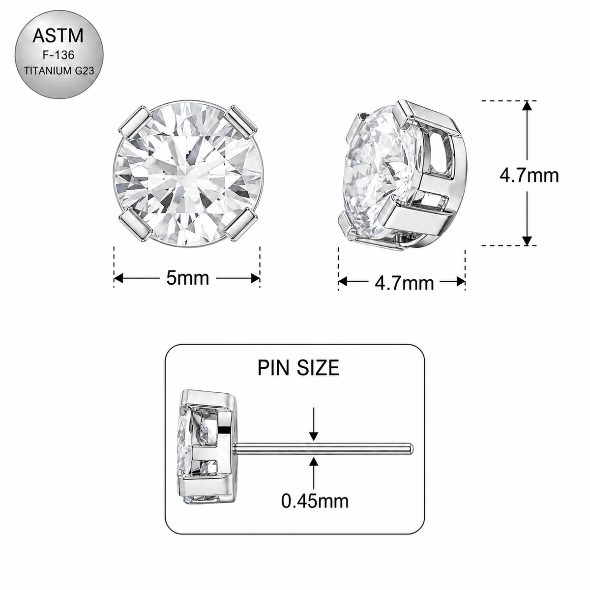 G23 Titanium Clear Round CZ Threadless Pin Top – 18G & 16G Compatible