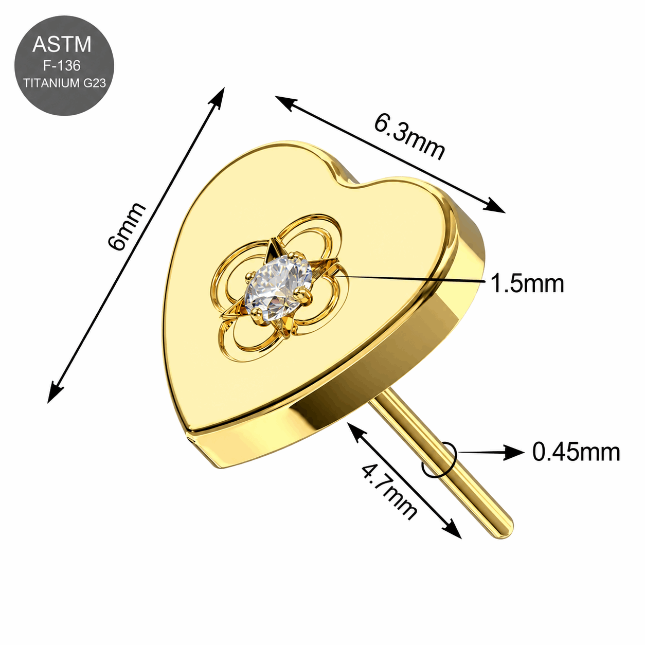 G23 Titanium Clear CZ Filigree Heart Threadless Top – 18G & 16G Compatible