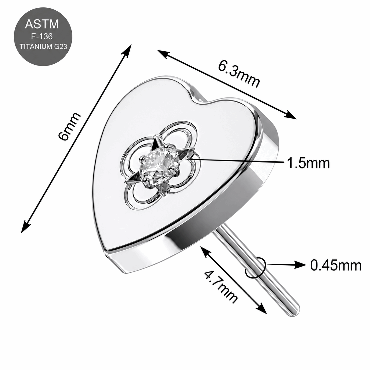 G23 Titanium Clear CZ Filigree Heart Threadless Top – 18G & 16G Compatible