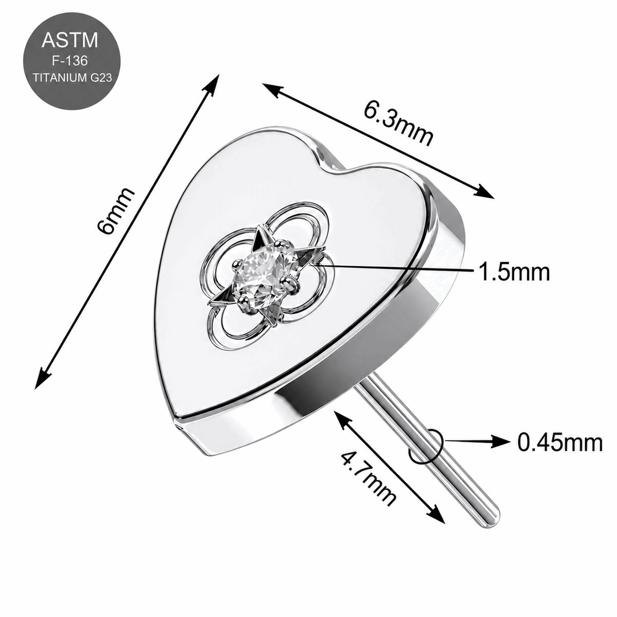 G23 Titanium Clear CZ Filigree Heart Threadless Top – 18G & 16G Compatible