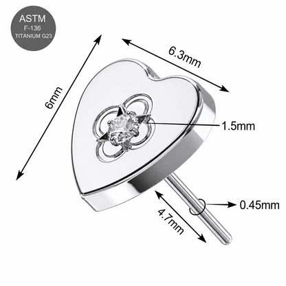 G23 Titanium Clear CZ Filigree Heart Threadless Top – 18G & 16G Compatible