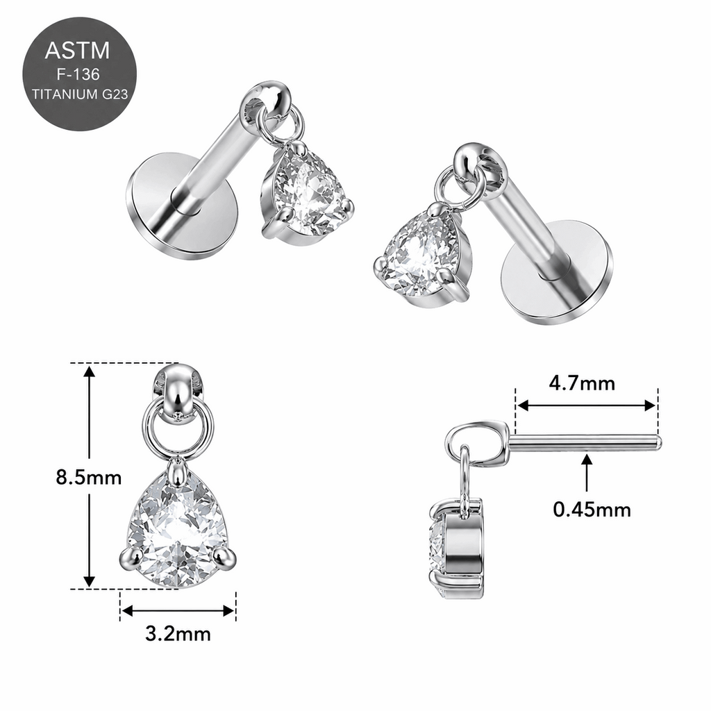 G23 Titanium Dangling Pear Drop Threadless Pin Top – 18G & 16G Compatible