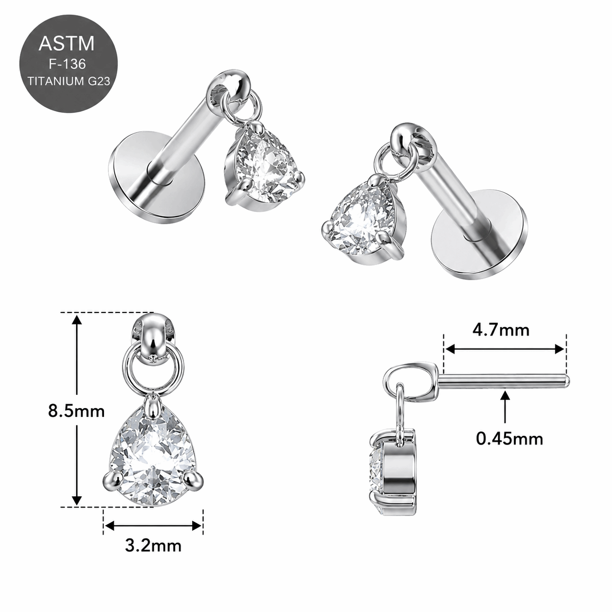 G23 Titanium Dangling Pear Drop Threadless Pin Top – 18G & 16G Compatible