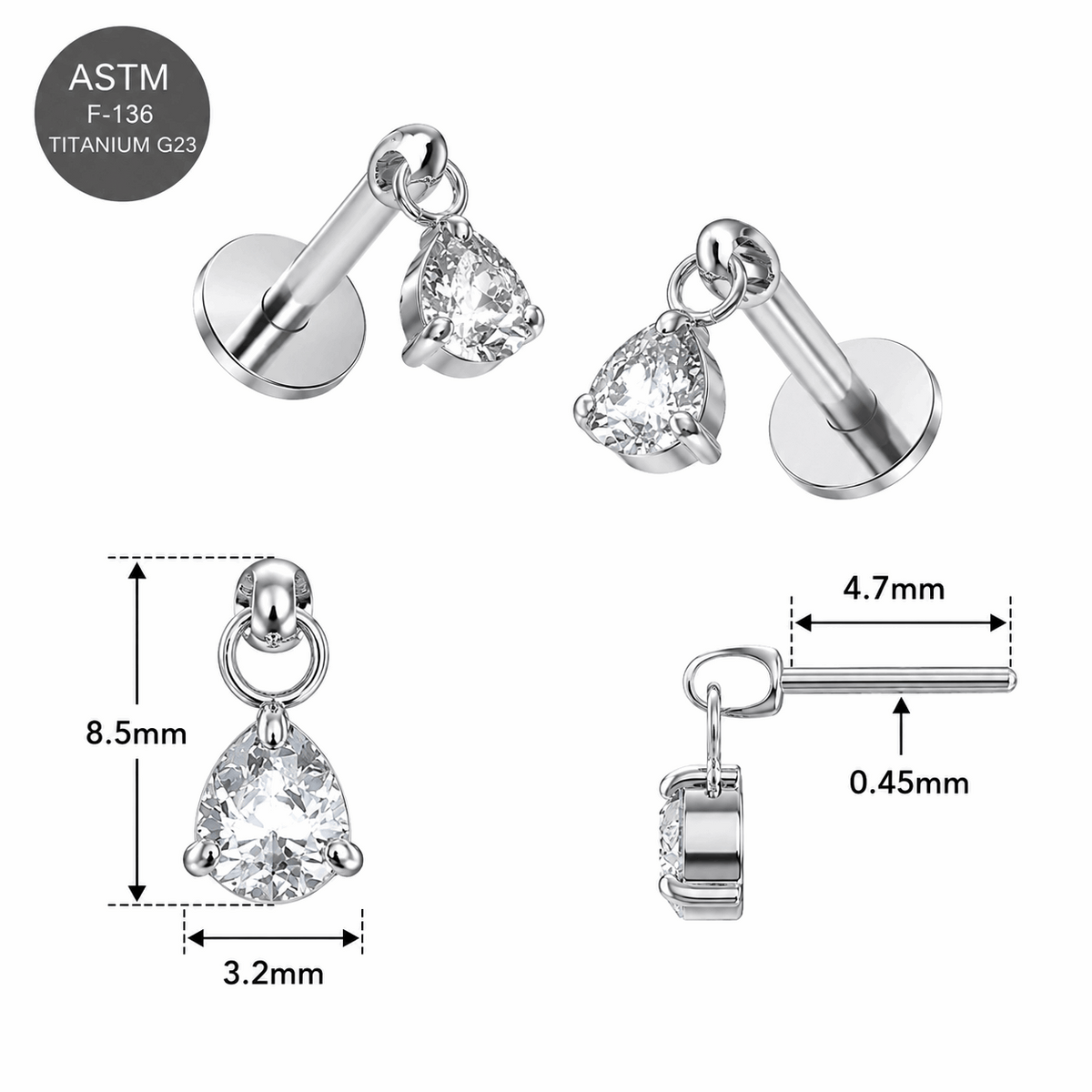 G23 Titanium Dangling Pear Drop Threadless Pin Top – 18G & 16G Compatible