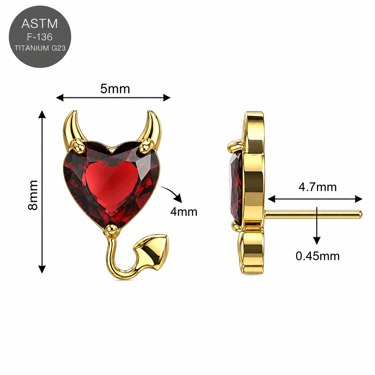 Titanium Devil Heart Threadless Top – 18G & 16G Compatible