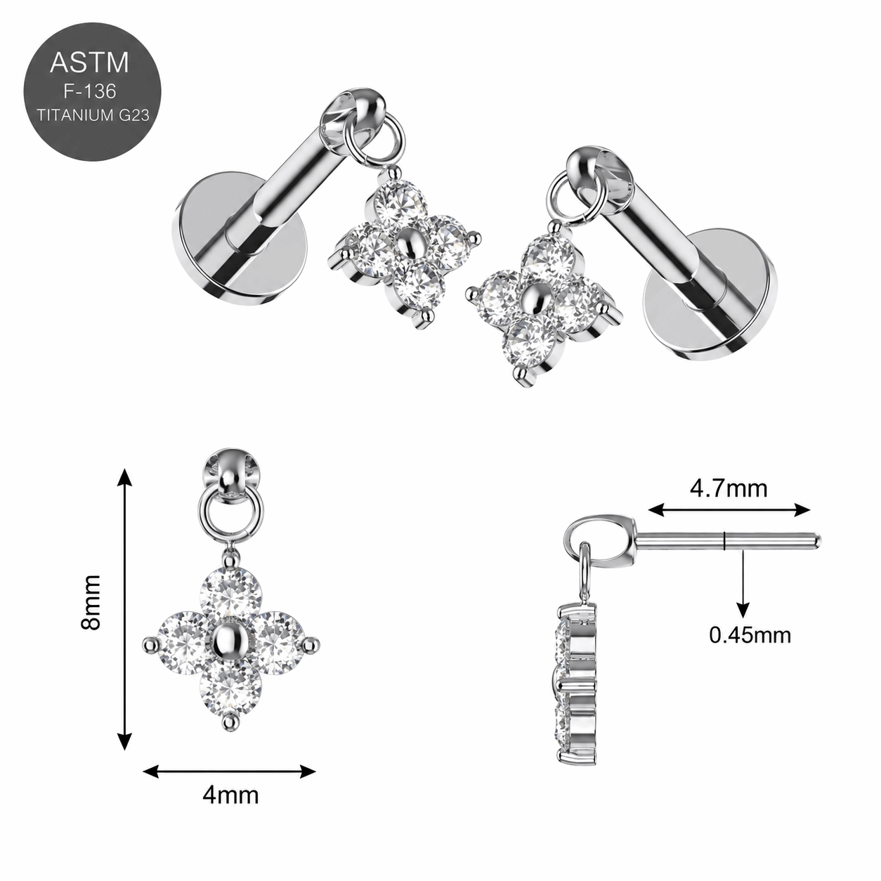 Titanium Bugadi Flower Dangle Threadless Top – 18G & 16G Compatible