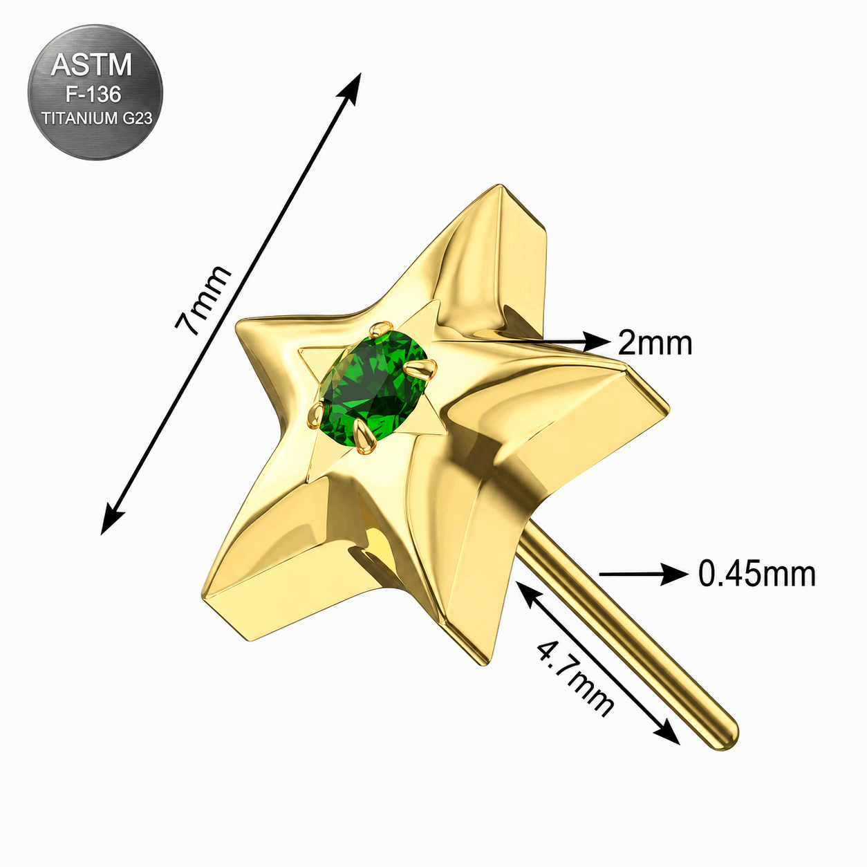 G23 Titanium Green CZ Star Threadless Push-In Top – 18G & 16G Compatible