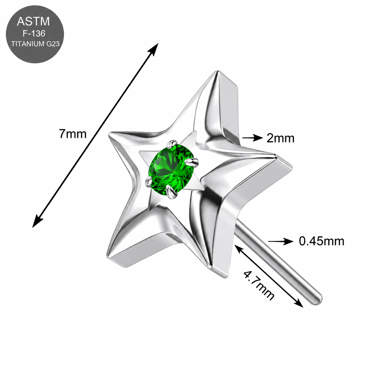 G23 Titanium Green CZ Star Threadless Push-In Top – 18G & 16G Compatible