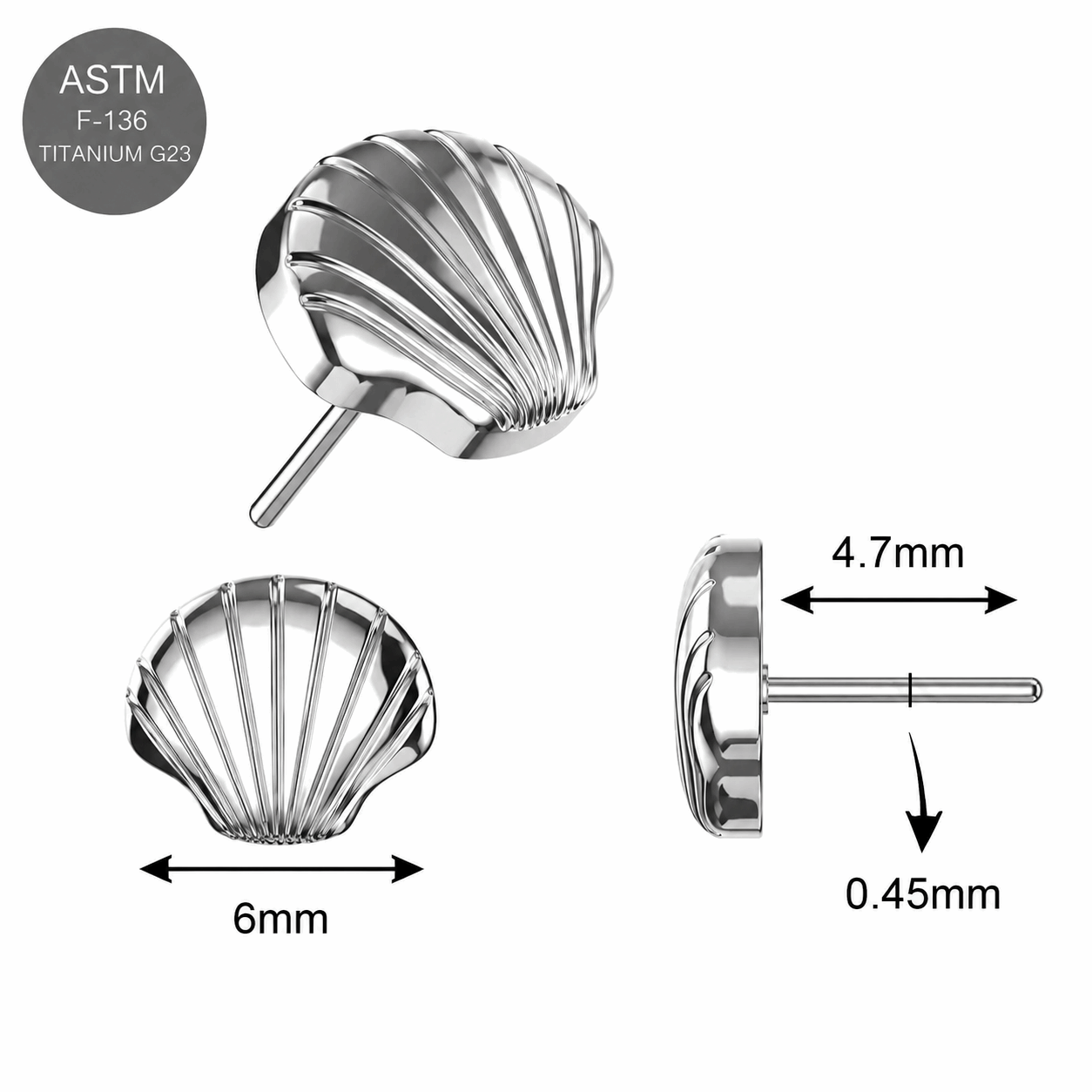 G23 Titanium Seashell Threadless Pin Top – 18G & 16G Compatible