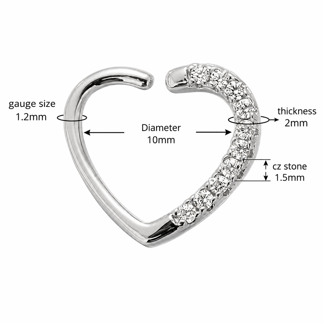 316L Surgical Steel Jeweled Heart Single Closure Ring – 16G (1.2mm) 10mm
