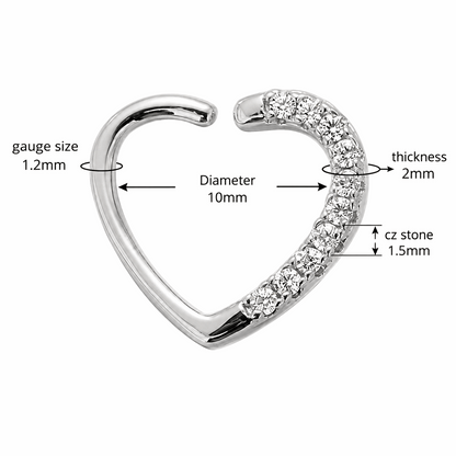 316L Surgical Steel Jeweled Heart Single Closure Ring – 16G (1.2mm) 10mm
