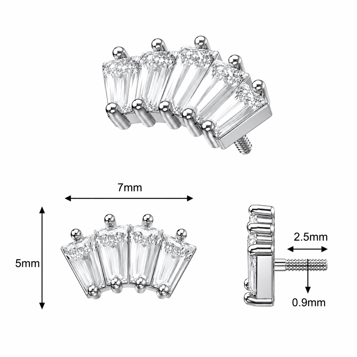 316L Surgical Steel 5-Crystal Baguette Fan Internally Threaded Top – 16G (1.2mm)