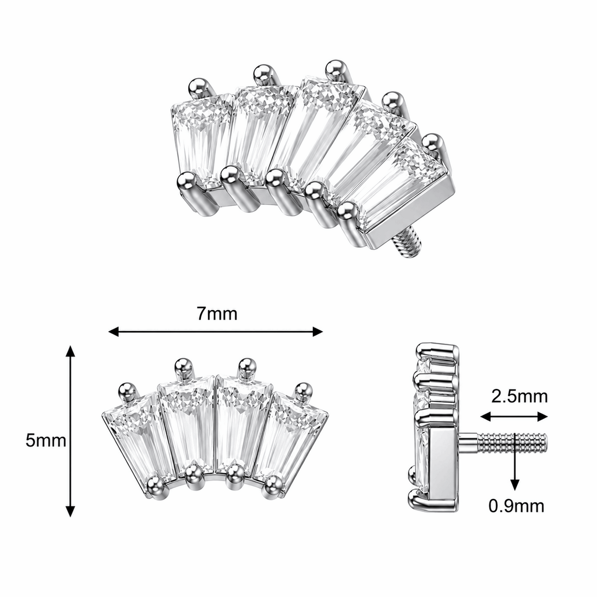 316L Surgical Steel 5-Crystal Baguette Fan Internally Threaded Top – 16G (1.2mm)