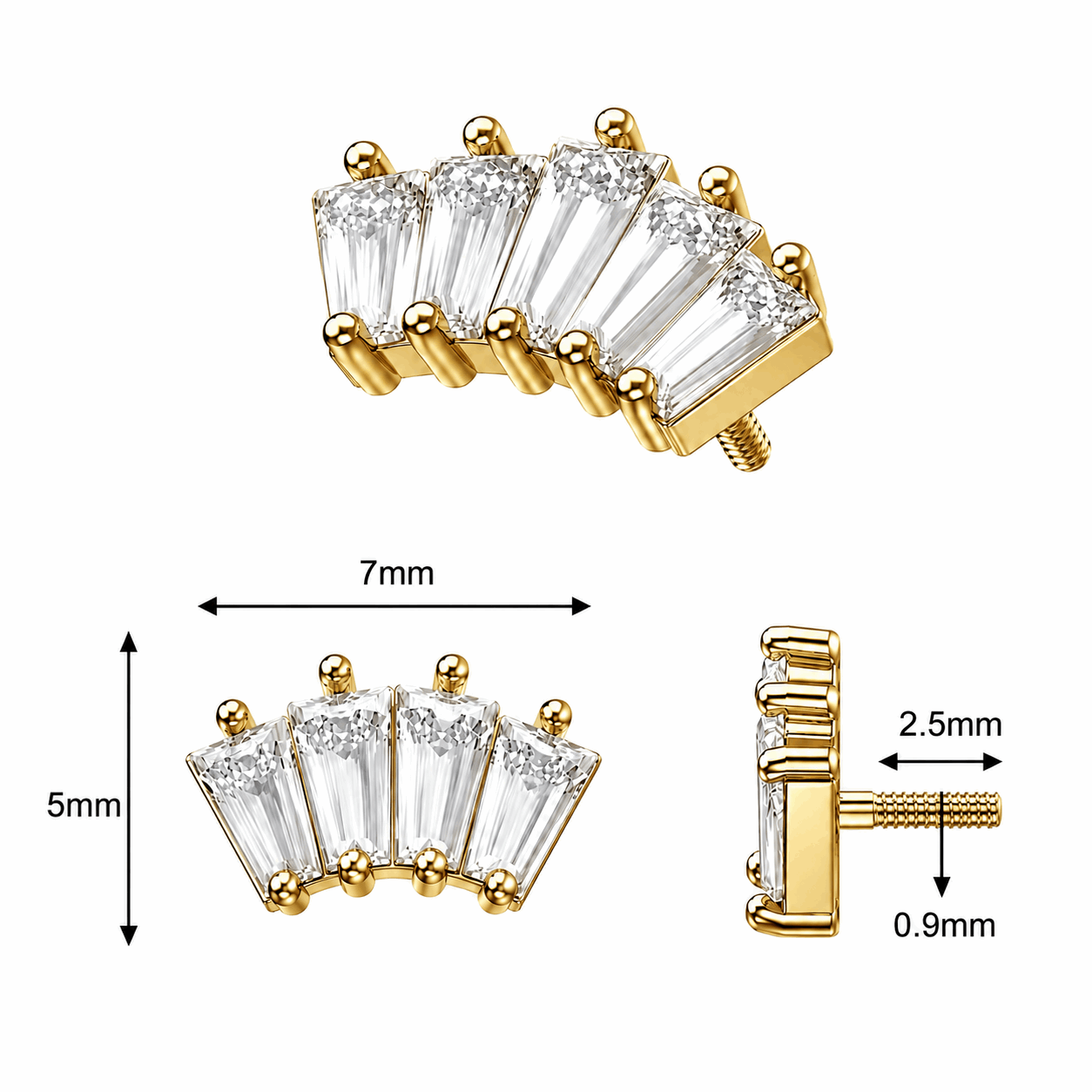316L Surgical Steel 5-Crystal Baguette Fan Internally Threaded Top – 16G (1.2mm)