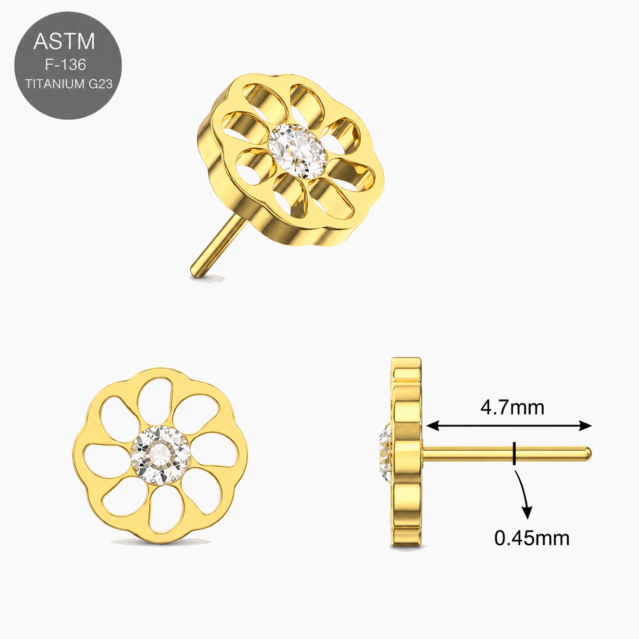 Titanium Daisy Flower CZ Threadless Pin Top – 18G & 16G Compatible