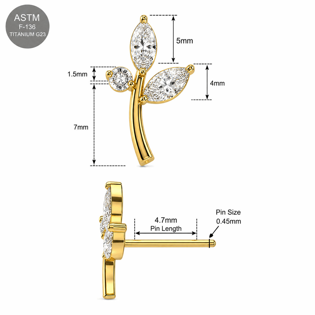 G23 Titanium CZ Leaf Threadless Pin Top – 18G & 16G Compatible
