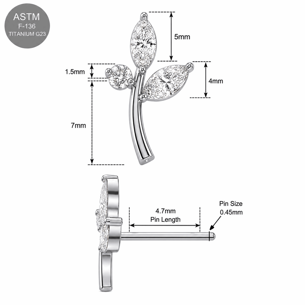 G23 Titanium CZ Leaf Threadless Pin Top – 18G & 16G Compatible